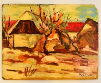 Hajós jelzéssel: Házudvar. Olaj, farost, sérült, 33×41 cm