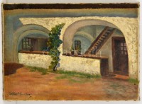 Hénel Gusztáv (1887-1966): Tornác részlet. Olaj, vászon, jelzett, sérült, 44×59 cm