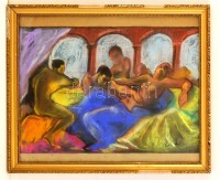 Jándi jelzéssel: Orgia. pasztell, papír, üvegezett keretben, 35×53 cm