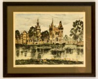 Korda Vince (1897-1979): Vajdahunyad vára, színezett rézkarc, papír, jelzett, paszpartuban, üvegezett fa keretben, 29×39 cm