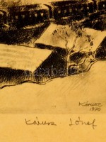 Kórusz József  (1927-2010): Dunakanyar vonattal. Rézkarc, papír, jelzett, üvegezett fa keretben, 29×39 cm