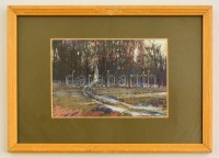Lőrincz Ferenc (?- ): Erdő tavaszelőn, pasztell, papír, hátulján jelzett, paszpartuban, üvegezett fa keretben, 11×17 cm