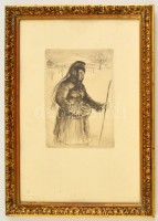 Ludwig Michalek (1859-1942): Asszony bottal. Rézkarc, papír, jelzett a karcon, üvegezett keretben, 19×13 cm