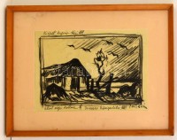 Nagy jelzéssel: Kiégett tanya. Szén, papír, üvegezett keretben, 30×40 cm