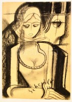 Scheiber jelzéssel: Hölgy fátyollal. Szén, papír, 43×30 cm
