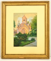 Scholler Rezső (1882-?): Jáki templom. Akvarell, papír, üvegezett keretben, 27×18 cm