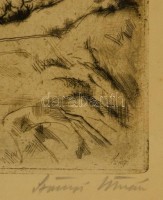 Szőnyi István (1894-1928): Téli táj. Rézkarc, papír, jelzett, üvegezett keretben, 27×31 cm