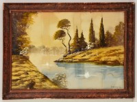 Zorkóczy jelzéssel: Hattyúk a tavon. Vegyes technika, papír, foltos, üvegezett keretben, 34×50 cm