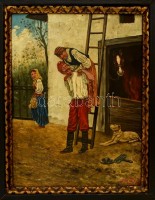 Olvashatatlan jelzéssel: Mókázó párocska 1892. Olaj, falemez, antik keretben, 31×24 cm
