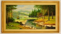 Olvashatatlan jelzéssel: Kilátó a távoli hegytetőn, olaj, farost, keretben, 40×80 cm