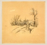 Olvashatatlan jelzéssel: Téli falurészlet. Rézkarc, papír, 21×23 cm