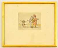 Jelzés nélkül: 2 db humoros színezett rézkarc, papír, egyik üvegezett keretben, 9,5×12 cm