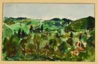 Jelzés nélkül: Erdős táj házakkal. Akvarell, papír,  23×36 cm