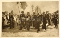 Zemplényi Tivadar 'Búcsúsok' című festményéről készült reprodukció, litográfia, papír, a 'Magyar festők' sorozatból, 21×30 cm