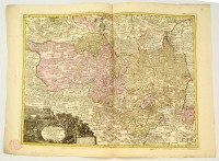 Lotter, Tobias Conrad: (1717-1777): Felső Lausitz hercegség rézmetszetű térképe. Marchionatus Lusatiae superioris Bohemiae olim regno jam elect. Saxoniae subject in circulos, ... Vadászatot ábrázoló, díszes kartussal. / Making of paper