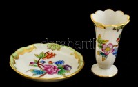 Herendi Viktória mintás fogpiszkálótartó és tálka, kézzel festett, jelzett, hibátlan, m:6 cm, d:7,5 cm