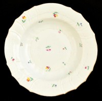 Herendi mélytányér, kézzel festett, jelzett (koronás),kopott aranyozás, d:24 cm