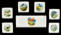Hollóházi porcelán vadászjelenetekkel díszített süteményes készlet, matricás, jelzett, hibátlan, 6+1 db