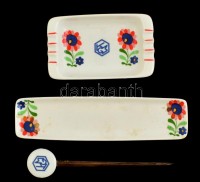 Hollóházi porcelán tálka, hamuzó, levélbontó (fém, porcelán fogóval), matricás, jelzett, kopásokkal