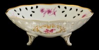 Hollóházi porcelán virágmintás áttört kínáló, matricás, jelzett, hibátlan, d: 20 cm