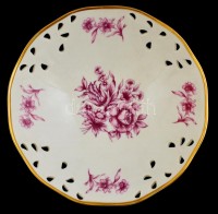 Hollóházi porcelán virágmintás áttört kínáló, matricás, jelzett, hibátlan, d: 20 cm
