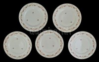Jelzett (Fischer Emil mint forgalmazó) lapos tányér, 5 db, kopott aranyozással, d: 24,5 cm