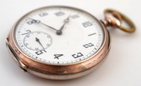 Art Deco dupla ezüst fedeles zsebóra, aranyozott és vésett tokkal, Működő, jó állapotban. / Silver pocket watch. Works well.  d:5  cm