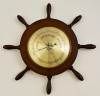 Barométer hajókerék formájú fa alapon, német felirattal, jó állapotban, d: 29 cm
