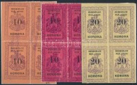 1921 Miskolc városi okmánybélyeg narancs és lilásvörös 10K + világossárga 20K 4-es tömbökben (60.900)