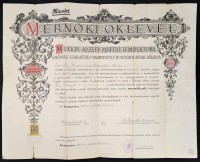 1924 M. Kir. József-Műegyetem mérnöki oklevelének másolata, pecséttel, 1000 k. okmánybélyeggel, kis szakadással, hajtásnyommal.