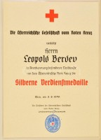 1970 Osztrák vöröskeresztes kitüntetés (ezüst érdemérem) adományozó okirata