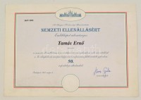 1995 Nemzeti Ellenállás emléklap Horn Gyula miniszterelnök saját kezű aláírásával 30x21 cm