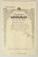 1874 Adalbert Orthmayr (1847- ?) főhadnagyi kinvezése, Franz Kuhn von Kuhnenfeldnek (1817-1896) az Osztrák-Magyar Monarchia hadügyminiszterének (1868-1874) aláírásával, szárazpecséttel, 43x27 cm./1874 The appointment to first