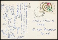 1973 a VM Egyetértés labdarúgóinak aláírásai levelezőlapon (Rákóczi, Galambos, Vágvölgyi, stb.)