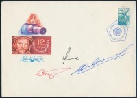 Jurij Malisev (1941-1999), Gennagyij Sztrekalov (1940-2004) szovjet és Rakesh Sharma (1949- ) indiai űrhajósok aláírásai emlékborítékon /Signatures of Yuriy Malishev (1941-1999), Gennadiy Strekalov (1940-2004) Soviet and Rakesh Sharma