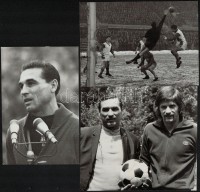 cca 1960-1970 7 db magyar futballistákat ábrázoló fotó, köztük az Aranycsapat tagjai, Grosics Gyula, Buzánzsky Jenő, köztük hátoldalán feliratozottak, 10x17,5 és 16x18 cm közti méretben
