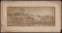cca 1900 Ázsiai falucska vízimalommal, a falu szélén gyerekekkel, színezett fotó, a felületén sérüléssel, 11x28 cm. /cca 1900 Asian village with watermill, with children on the edge of the village, colored photo, damaged, 11x28 cm.