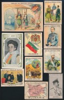 cca 1900 Ferdinánd bolgár cár és felesége csokoládé gyűjtőkártyán valamit más, Bulgáriaával kapcsolatos részben litografált gyűjtőkártyák 14 db / Ferdinand King of Bulgaria and his wife on chocholate card and other Bulgraia