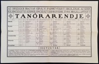1911 Az Országos Magyar Királyi Iparművészeti Iskola nappali és esti képzéseinek tanórarendjei az 1910/11. tanévre, a nappali hátoldalán tájékoztatóval, 33x51 cm és 25x33 cm közötti méretben, jó állapotban.