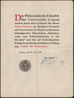 1929 A Lipcsei Egyetem filozófia szakának filozófia doktori oklevele magyar személy részére a 'Sertésnevelés és sertéshízlalás Szlovákiában' c, dolgozatáért / 1929 Diploma of the Leipzig University, Department for philosophy, for a