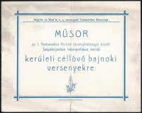 1930 Műsor az I. Testnevelési Kerület törvényhatóságai között Salgótarjánban lebonyolításra kerülő kerületi céllövő bajnoki versenyekre, 16x20,5 cm