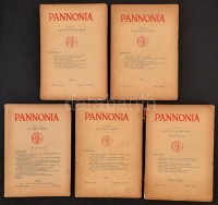 1935-1943 Pannonia folyóirat 5 száma: 1935. 4-10. sz., 1936. 1-3. sz., 1943 1-2. számok. Szerk.: Koltay-Kastner Jenő, Prinz Gyula, Dr. Gorka Sándor. Pécs, M. Kir. Erzsébet-Tudományegyetem. Kiadói papírkötés, részben szakadozott