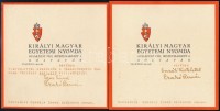 1936 Jenei Gusztáv és Czakó Elemér, a Kir. M. Egyetemi nyomda igazgatójának saját kézzel aláírt kártyái amelyet a Hóman-Szekfű: Magyar történet c. könyvének egy csendőr százados részére küldött díszpéldányához