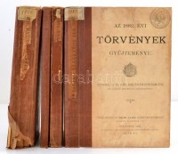 Az 1882, 1884, 1885, 1888. évi törvények gyűjteménye. Bp., 1908. Belügyminisztérium. Korabeli  félvászon kötésben. Egyik kötet elvált a kötéstáblától