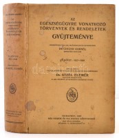 Az egészségügyre vonatkozó törvények és rendeletek gyűjteménye. VI. kötet: 1927-1928. Megindította Dr. Chyzer Kornél. Szerk.:  Dr. Atzél Elemér. Bp., 1929, Mai Henrik és Fia Orvosi Könyvkiadó. Kiadói egészvászon-kötés, kissé