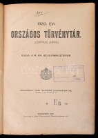 Az 1920. évi országos törvénytár. (Corpus Juris.) Kiadja: a M. Kir. Belügyminisztérium. Bp., 1920, Tisza Testvérek, Pesti Könyvnyomda Rt., XIV+384 p. Átkötött félvászon-kötés, kopottas borítóval és gerinccel, intézményi
