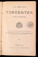 Az 1898-dik évi törvények gyűjteménye. Bp., 1898, Országos Törvénytár Szerkesztősége., Pesti Könyvnyomda Rt., LX+433 p. Első kiadás. Átkötött gerincű félvászon-kötés, sérült gerinccel, kopott borítóval. A címlapon 'Magyar