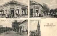 Budapest XX. Pesterzsébet, Erzsébetfalva; Pollák Ágoston hentesboltja, Mátyás utca, Kanyó Károly üzlete és saját kiadása