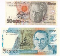 Brazília 1986. 50.000C '50 CRUZADOS' felülbélyegzéssel + 1989. 1000C '1 CRUZADOS NOVOS' felülbélyegzéssel + 5000C '5 CRUZADOS NOVOS' felülbélyegzéssel + 10.000C '10 CRUZADOS NOVOS' felülbélyegzéssel + 1993. 50.000C '50 CRUZEIROS REAIS'