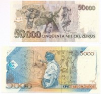Brazília 1986. 50.000C '50 CRUZADOS' felülbélyegzéssel + 1989. 1000C '1 CRUZADOS NOVOS' felülbélyegzéssel + 5000C '5 CRUZADOS NOVOS' felülbélyegzéssel + 10.000C '10 CRUZADOS NOVOS' felülbélyegzéssel + 1993. 50.000C '50 CRUZEIROS REAIS'
